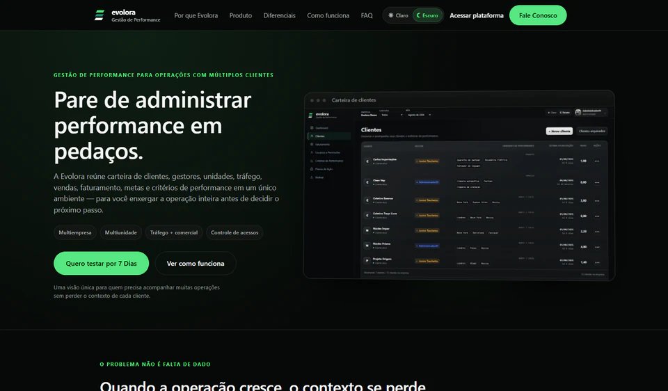 Landing page do Evolora em modo escuro