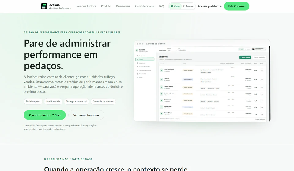 Landing page do Evolora em modo claro